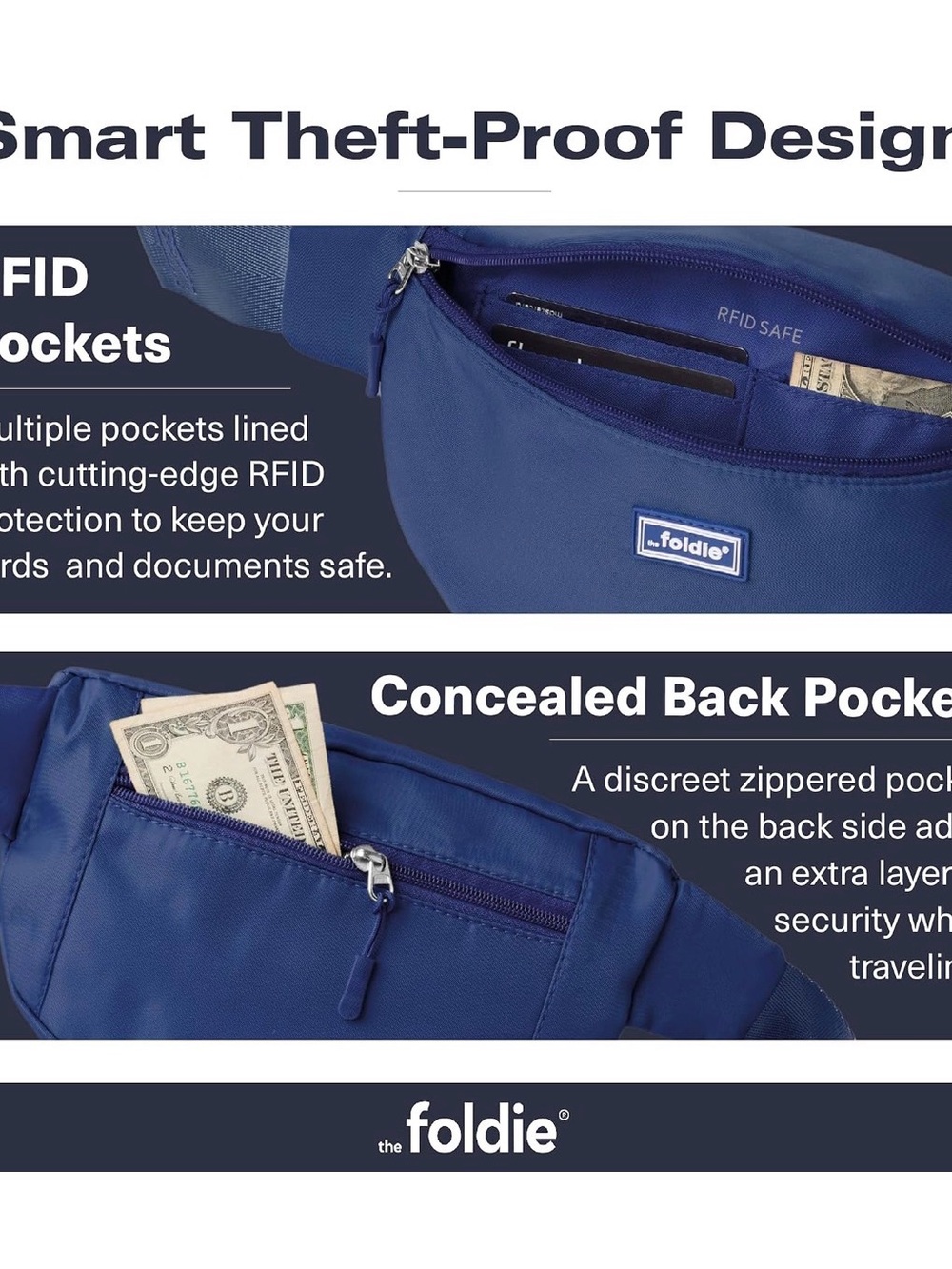 NWT The Foldie Anti-Theft Navy Belt Bag Fanny Pack RFID Travel Crossbody - Picture 2 of 7